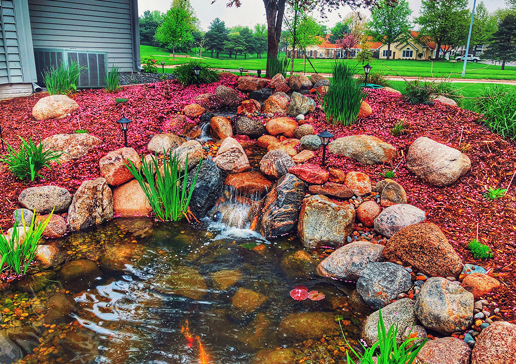 Beautiful garden pond with rocks and waterfall