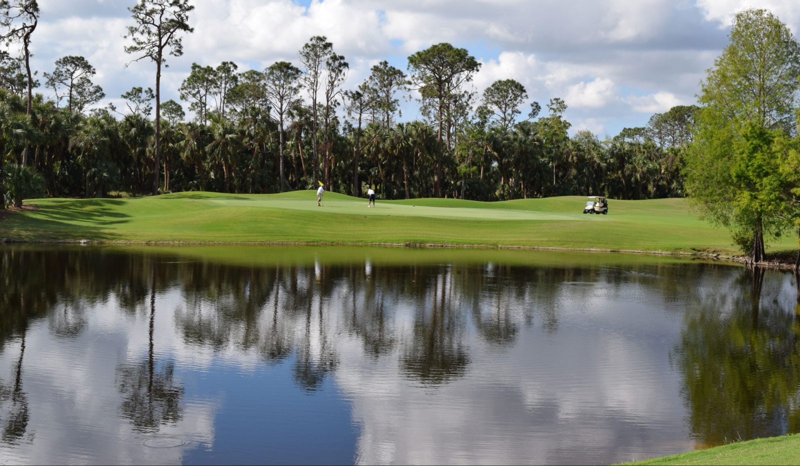 Golf course with pond and trees reflection.