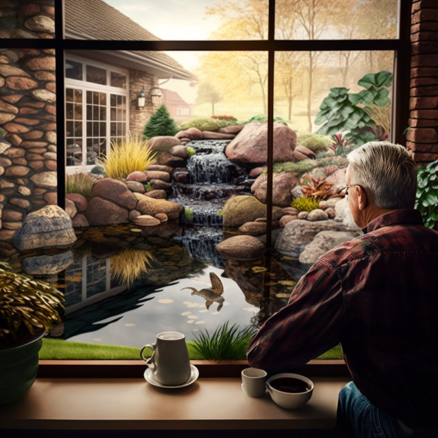 Man enjoying garden view with pond and waterfall.