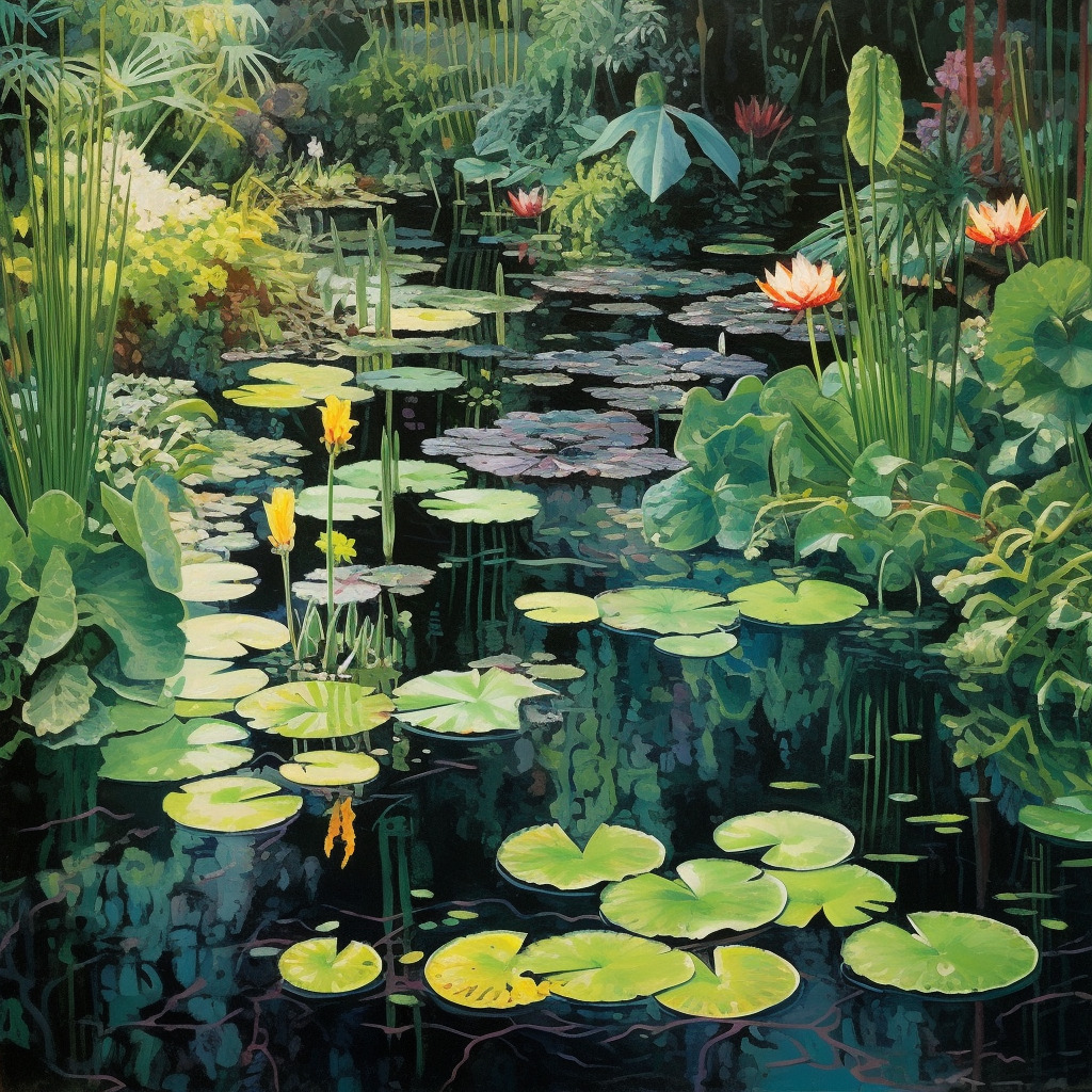 Colorful lily pond with vibrant greenery and flowers.