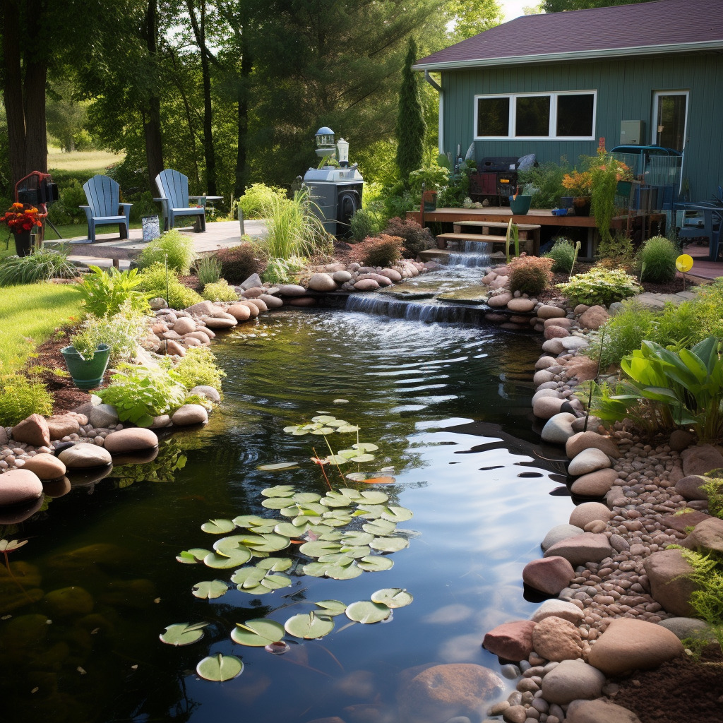 Backyard pond with waterfall and patio seating area.