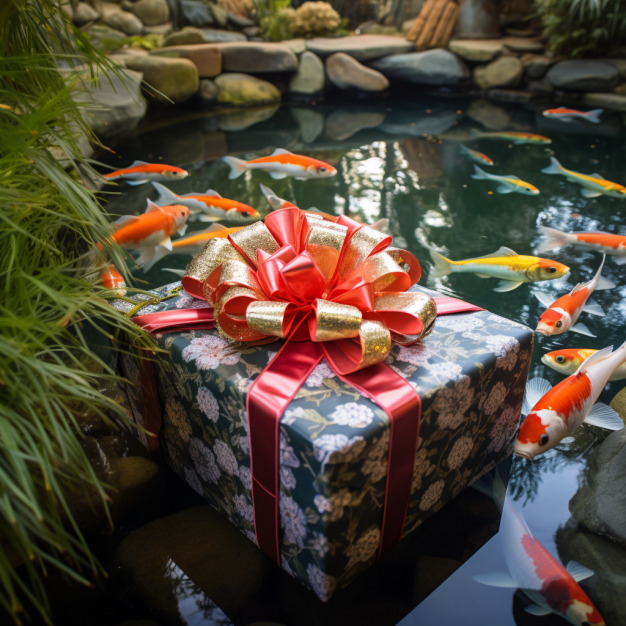 Gift box floating in koi pond.